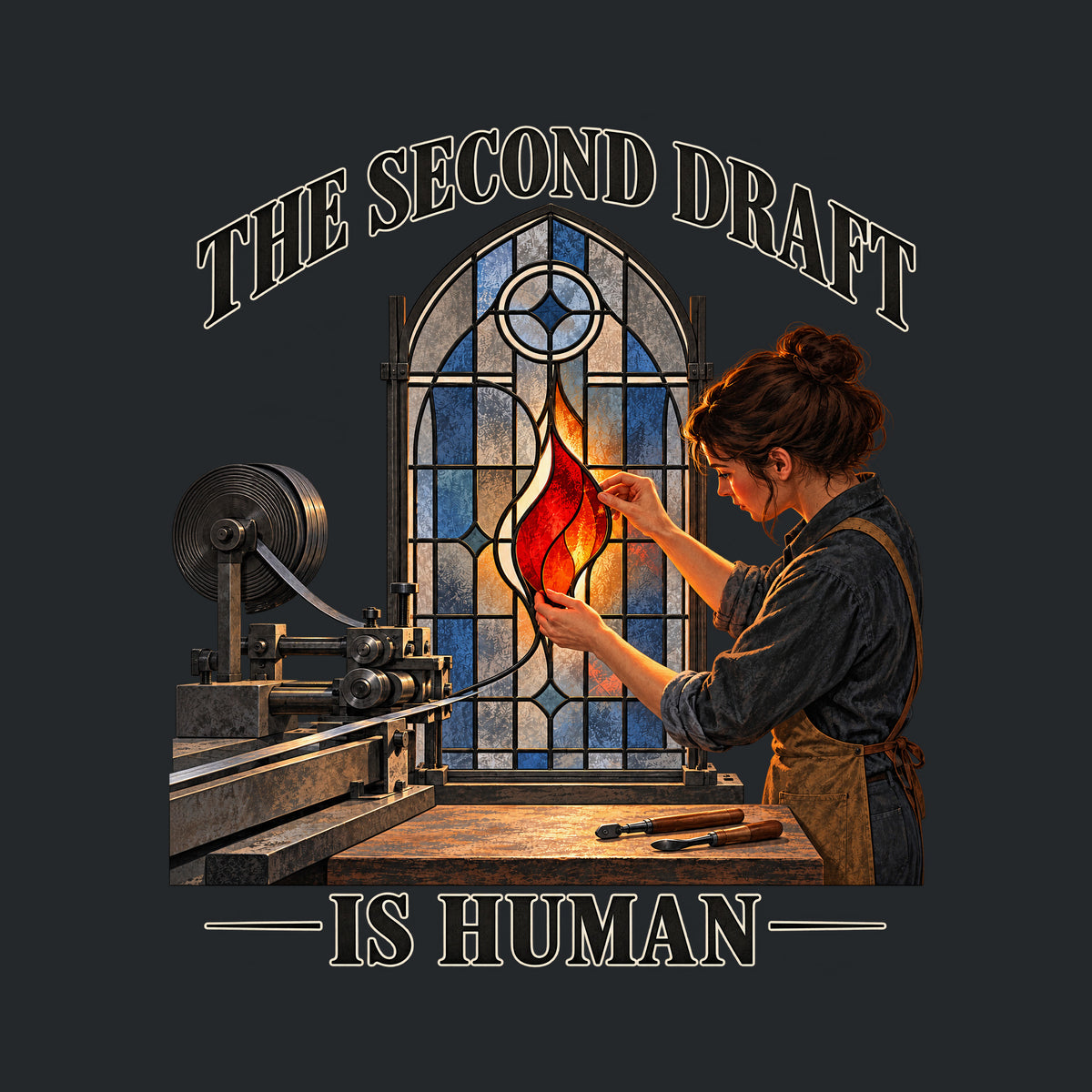 Arched stained-glass window, dark lead framework, blue-gray panes. A dark-haired woman fits a glowing red-orange flame-shaped glass piece into the center by hand. A metal machine sits at left. Text: THE SECOND DRAFT arched above, IS HUMAN below. Artwork shown on the Black garment colour.