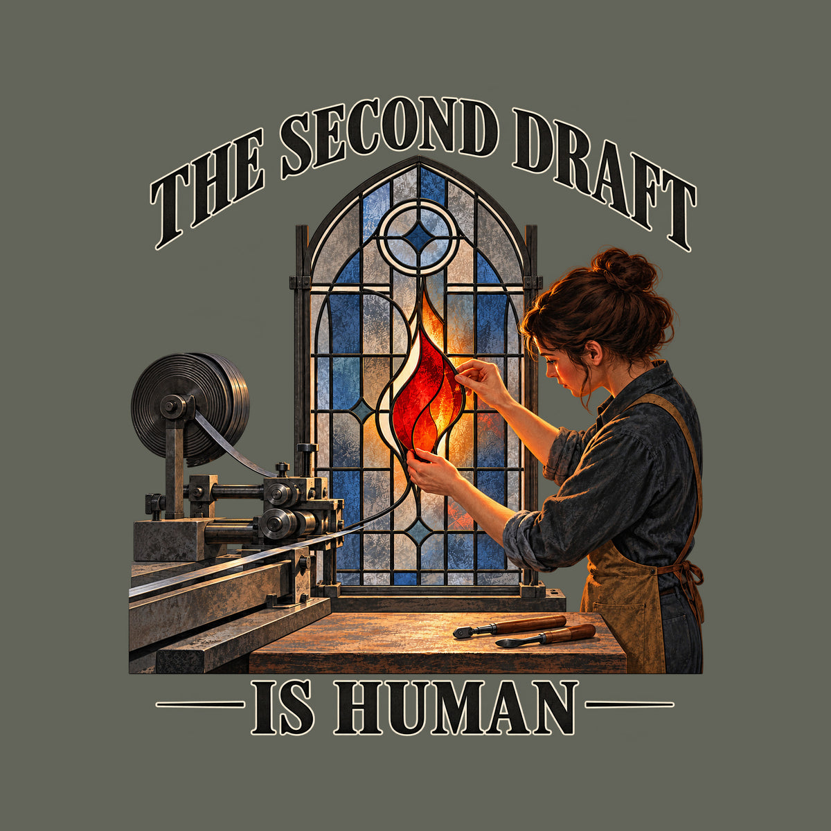 Arched stained-glass window, dark lead framework, blue-gray panes. A dark-haired woman fits a glowing red-orange flame-shaped glass piece into the center by hand. A metal machine sits at left. Text: THE SECOND DRAFT arched above, IS HUMAN below. Artwork shown on the Military Green garment colour.