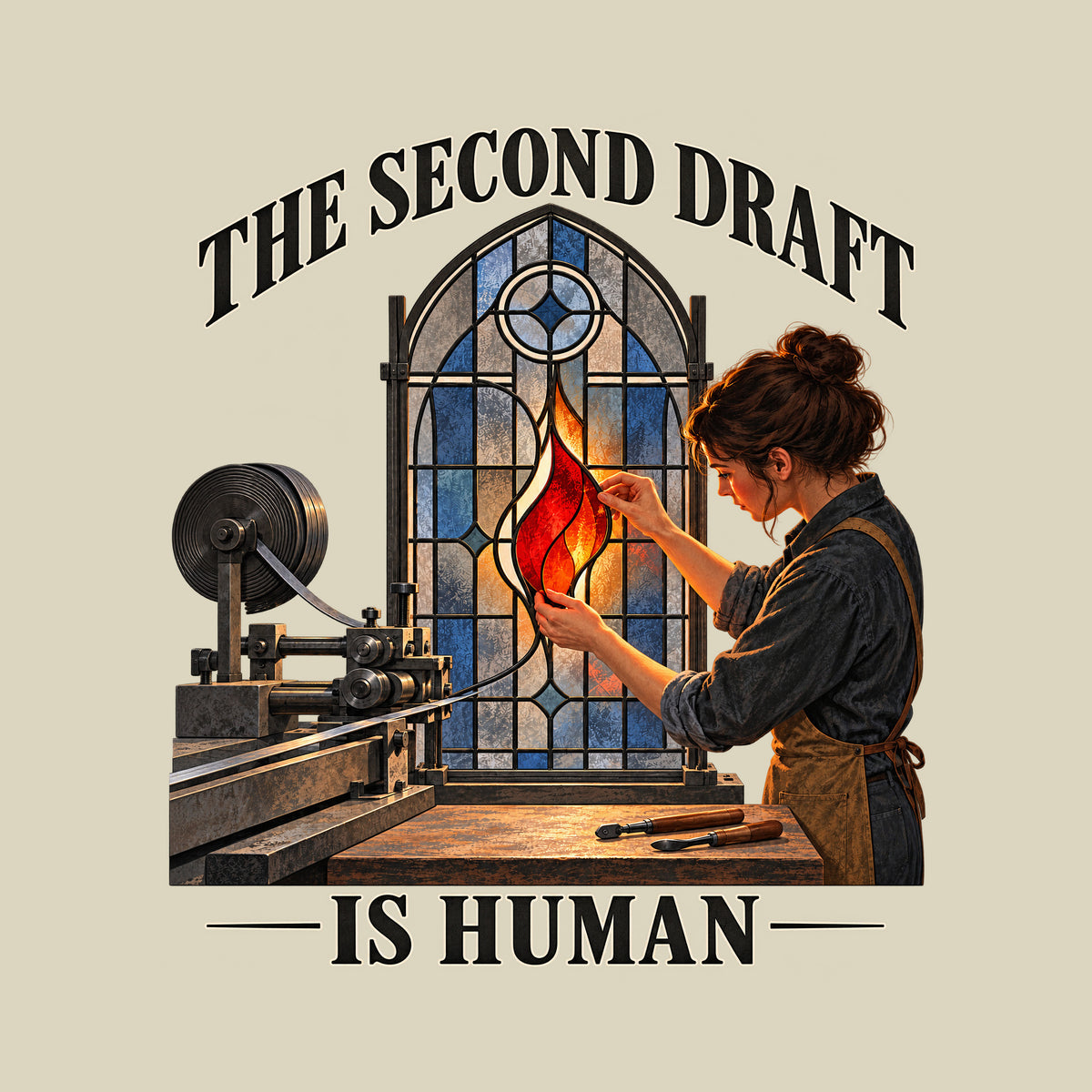 Arched stained-glass window, dark lead framework, blue-gray panes. A dark-haired woman fits a glowing red-orange flame-shaped glass piece into the center by hand. A metal machine sits at left. Text: THE SECOND DRAFT arched above, IS HUMAN below. Artwork shown on the Natural garment colour.