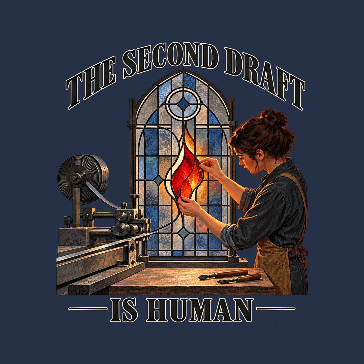 Arched stained-glass window, dark lead framework, blue-gray panes. A dark-haired woman fits a glowing red-orange flame-shaped glass piece into the center by hand. A metal machine sits at left. Text: THE SECOND DRAFT arched above, IS HUMAN below. Artwork shown on the Navy garment colour.