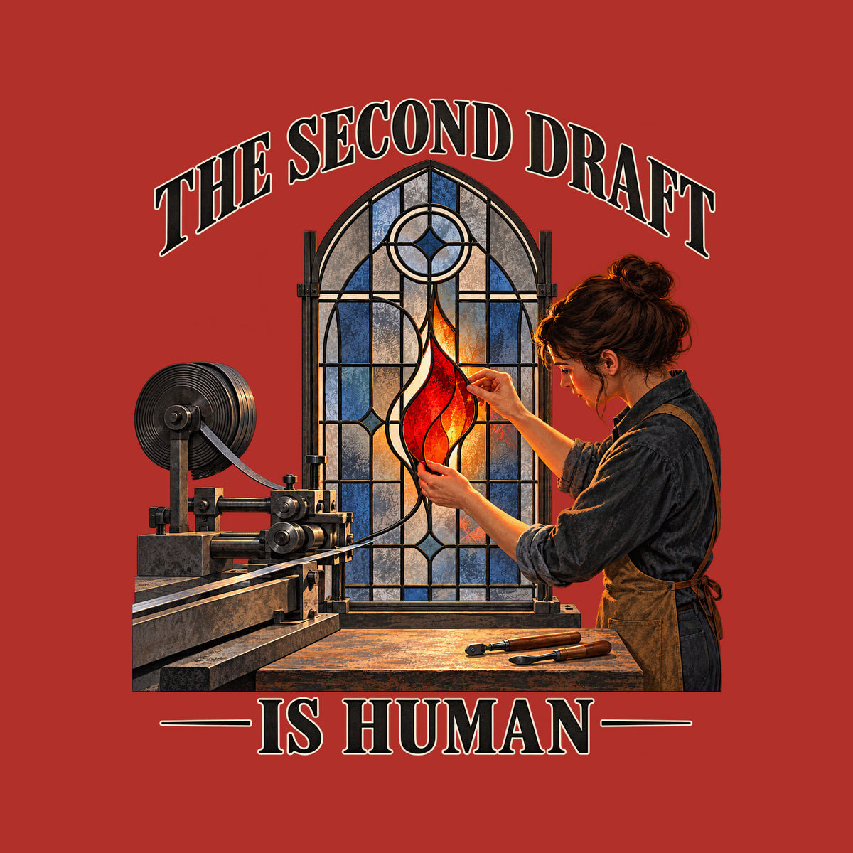 Arched stained-glass window, dark lead framework, blue-gray panes. A dark-haired woman fits a glowing red-orange flame-shaped glass piece into the center by hand. A metal machine sits at left. Text: THE SECOND DRAFT arched above, IS HUMAN below. Artwork shown on the Red garment colour.