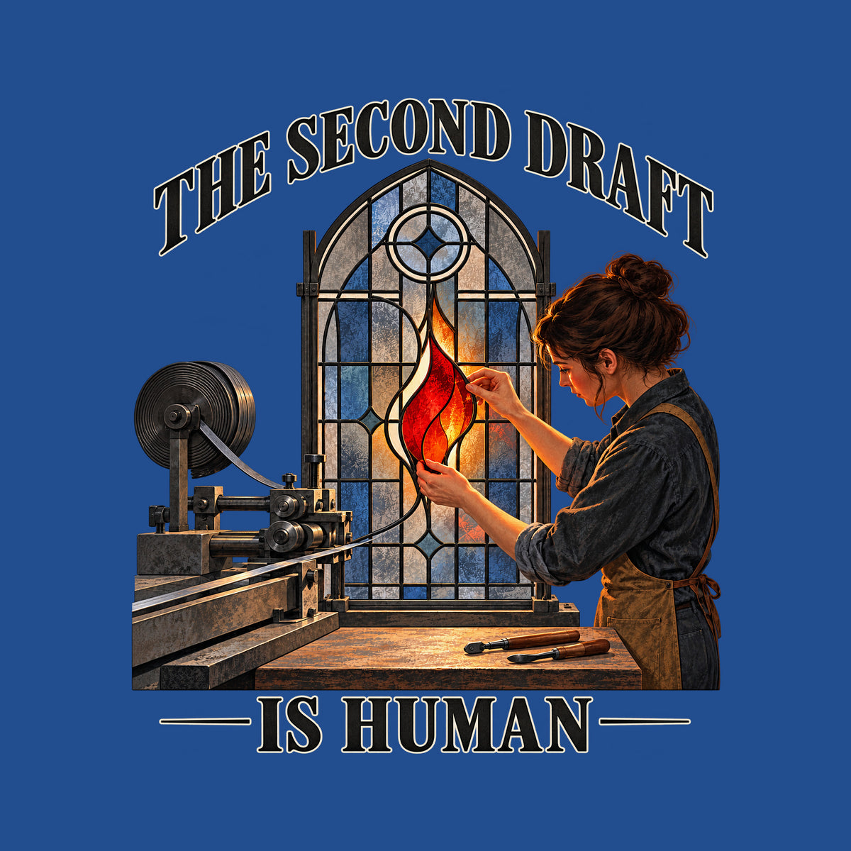 Arched stained-glass window, dark lead framework, blue-gray panes. A dark-haired woman fits a glowing red-orange flame-shaped glass piece into the center by hand. A metal machine sits at left. Text: THE SECOND DRAFT arched above, IS HUMAN below. Artwork shown on the Royal garment colour.