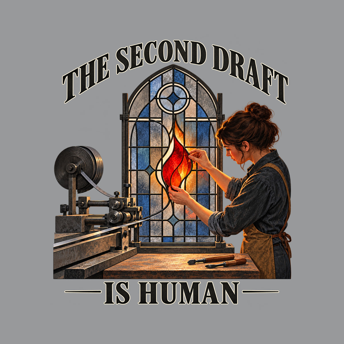 Arched stained-glass window, dark lead framework, blue-gray panes. A dark-haired woman fits a glowing red-orange flame-shaped glass piece into the center by hand. A metal machine sits at left. Text: THE SECOND DRAFT arched above, IS HUMAN below. Artwork shown on the Sport Grey garment colour.