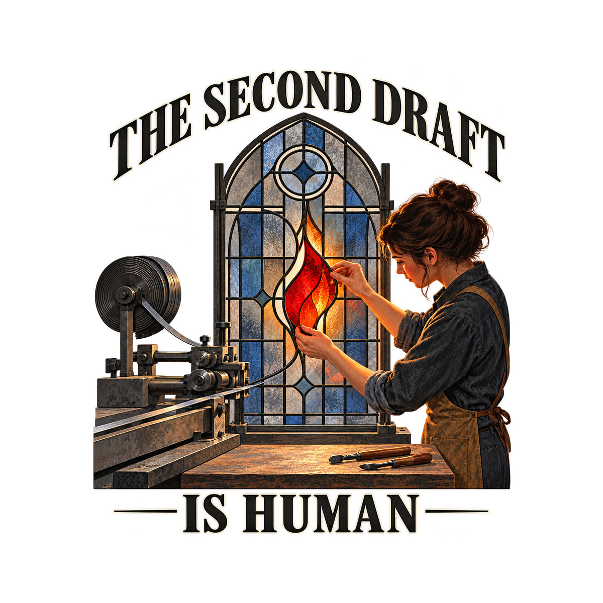 Arched stained-glass window, dark lead framework, blue-gray panes. A dark-haired woman fits a glowing red-orange flame-shaped glass piece into the center by hand. A metal machine sits at left. Text: THE SECOND DRAFT arched above, IS HUMAN below. Artwork shown on the White garment colour.