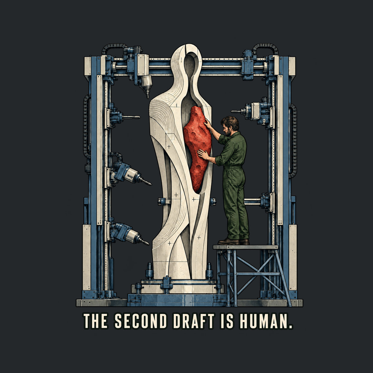 Illustration of a tall pale machine-milled humanoid sculpture with a central cavity, held in an industrial gantry; a worker on a platform installs a rough, hand-carved red heart-shaped piece into the opening. Caption reads: THE SECOND DRAFT IS HUMAN. Artwork shown on the Black garment colour.