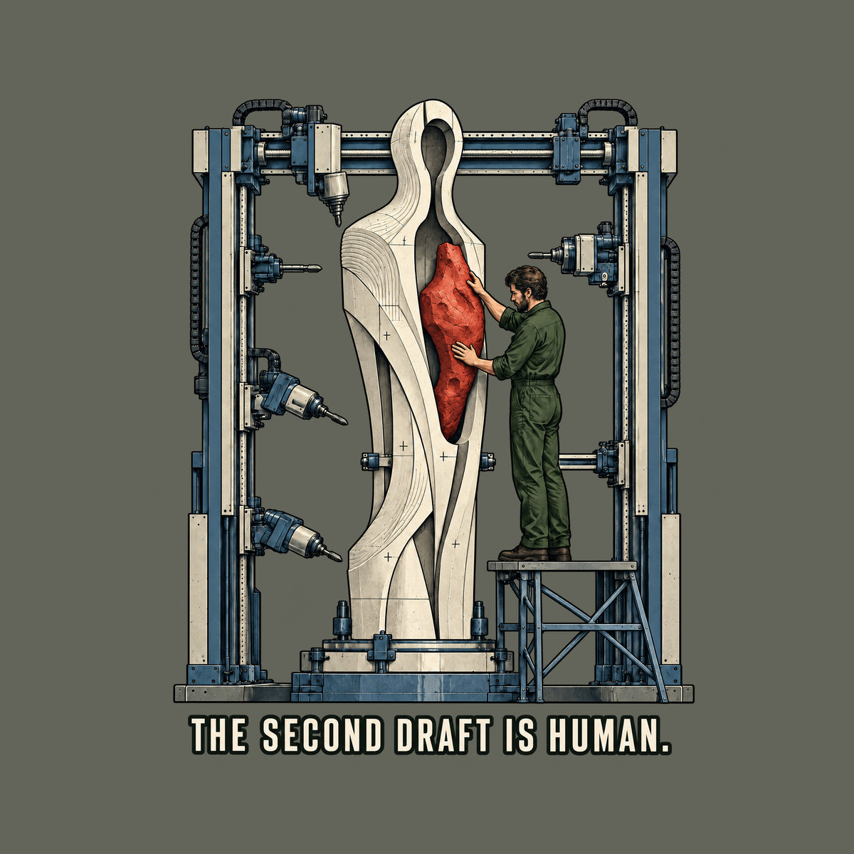 Illustration of a tall pale machine-milled humanoid sculpture with a central cavity, held in an industrial gantry; a worker on a platform installs a rough, hand-carved red heart-shaped piece into the opening. Caption reads: THE SECOND DRAFT IS HUMAN. Artwork shown on the Military Green garment colour.
