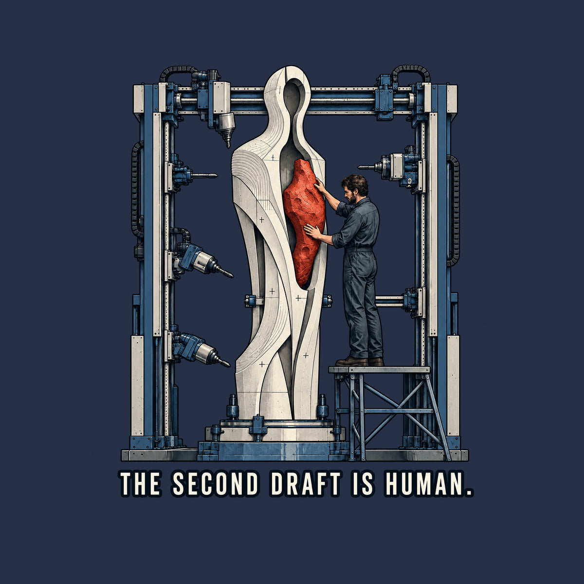 Illustration of a tall pale machine-milled humanoid sculpture with a central cavity, held in an industrial gantry; a worker on a platform installs a rough, hand-carved red heart-shaped piece into the opening. Caption reads: THE SECOND DRAFT IS HUMAN. Artwork shown on the Navy garment colour.
