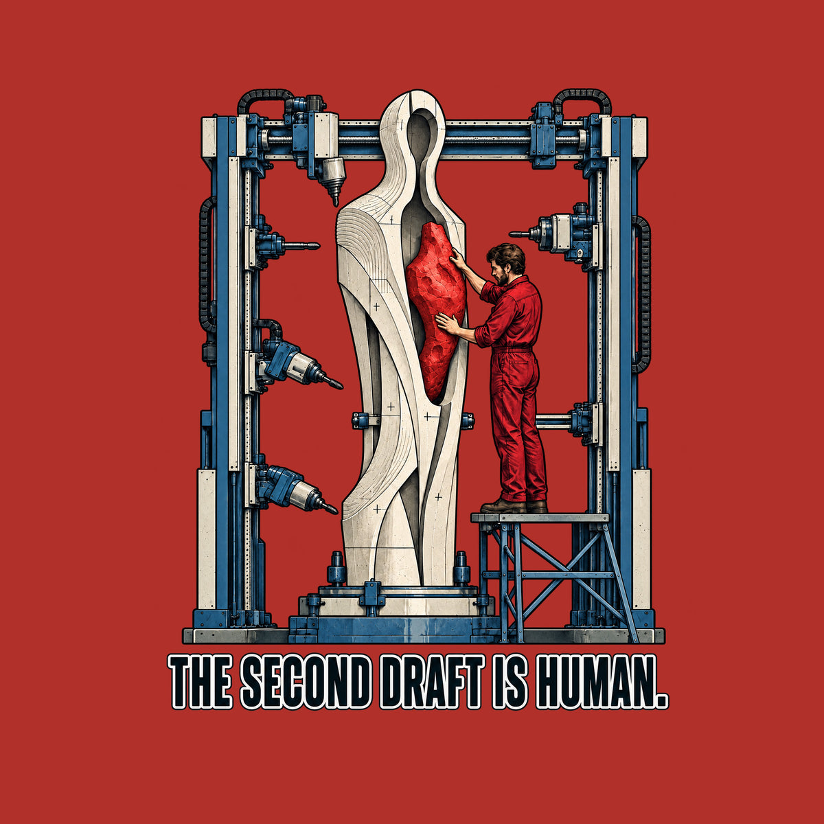Illustration of a tall pale machine-milled humanoid sculpture with a central cavity, held in an industrial gantry; a worker on a platform installs a rough, hand-carved red heart-shaped piece into the opening. Caption reads: THE SECOND DRAFT IS HUMAN. Artwork shown on the Red garment colour.