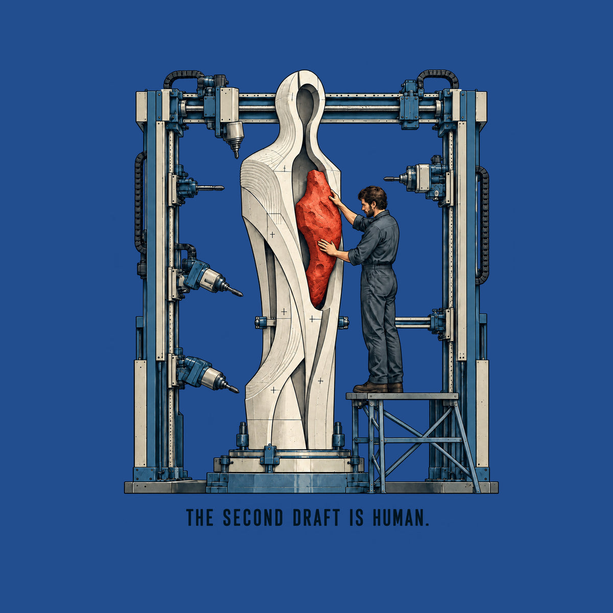 Illustration of a tall pale machine-milled humanoid sculpture with a central cavity, held in an industrial gantry; a worker on a platform installs a rough, hand-carved red heart-shaped piece into the opening. Caption reads: THE SECOND DRAFT IS HUMAN. Artwork shown on the Royal garment colour.