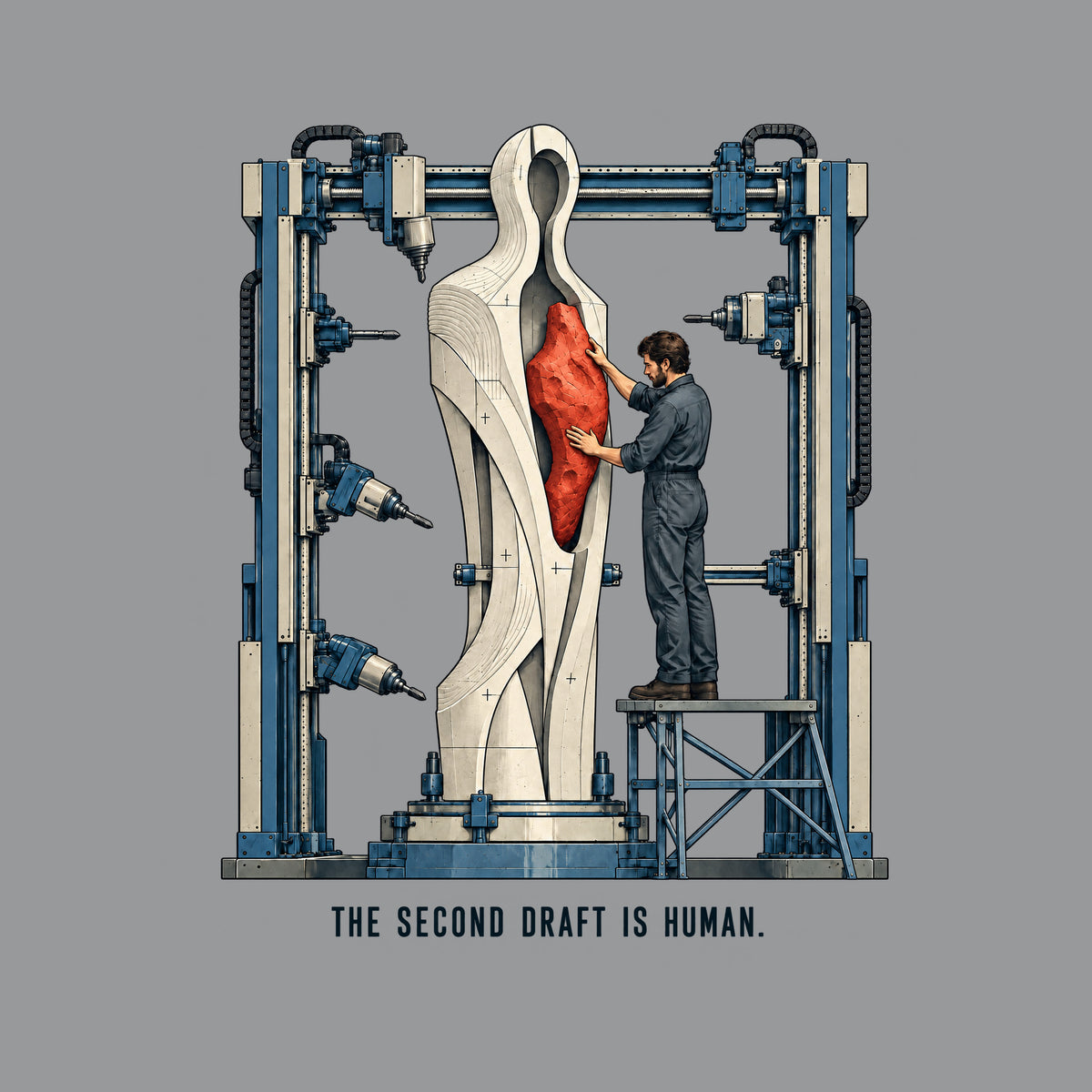 Illustration of a tall pale machine-milled humanoid sculpture with a central cavity, held in an industrial gantry; a worker on a platform installs a rough, hand-carved red heart-shaped piece into the opening. Caption reads: THE SECOND DRAFT IS HUMAN. Artwork shown on the Sport Grey garment colour.