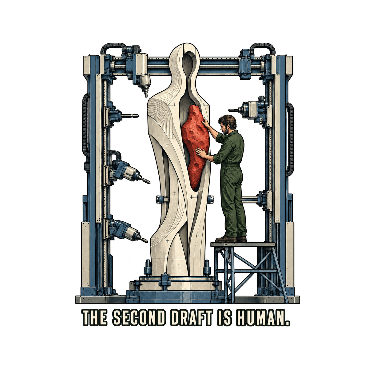Illustration of a tall pale machine-milled humanoid sculpture with a central cavity, held in an industrial gantry; a worker on a platform installs a rough, hand-carved red heart-shaped piece into the opening. Caption reads: THE SECOND DRAFT IS HUMAN. Artwork shown on the White garment colour.