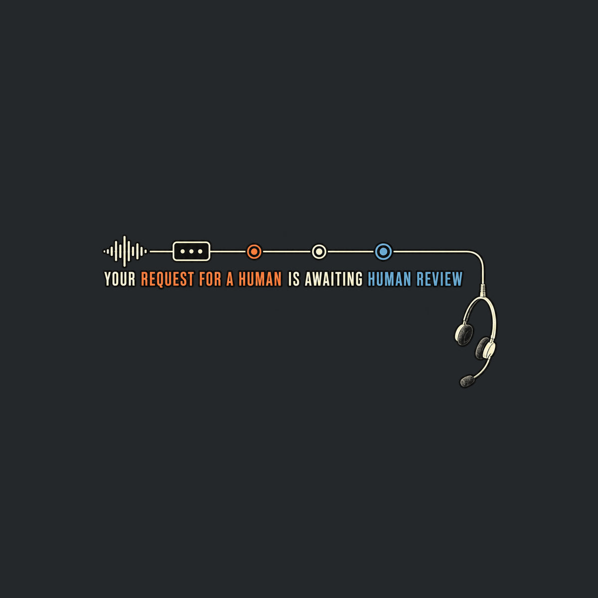 Dark background diagram: a waveform runs through a node and three markers into a cord ending in an empty, dangling headset. Text: YOUR REQUEST FOR A HUMAN IS AWAITING HUMAN REVIEW, with REQUEST FOR A HUMAN in orange and HUMAN REVIEW in blue. Artwork shown on the Black garment colour.