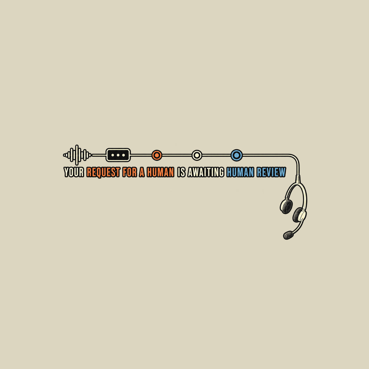 Dark background diagram: a waveform runs through a node and three markers into a cord ending in an empty, dangling headset. Text: YOUR REQUEST FOR A HUMAN IS AWAITING HUMAN REVIEW, with REQUEST FOR A HUMAN in orange and HUMAN REVIEW in blue. Artwork shown on the Natural garment colour.