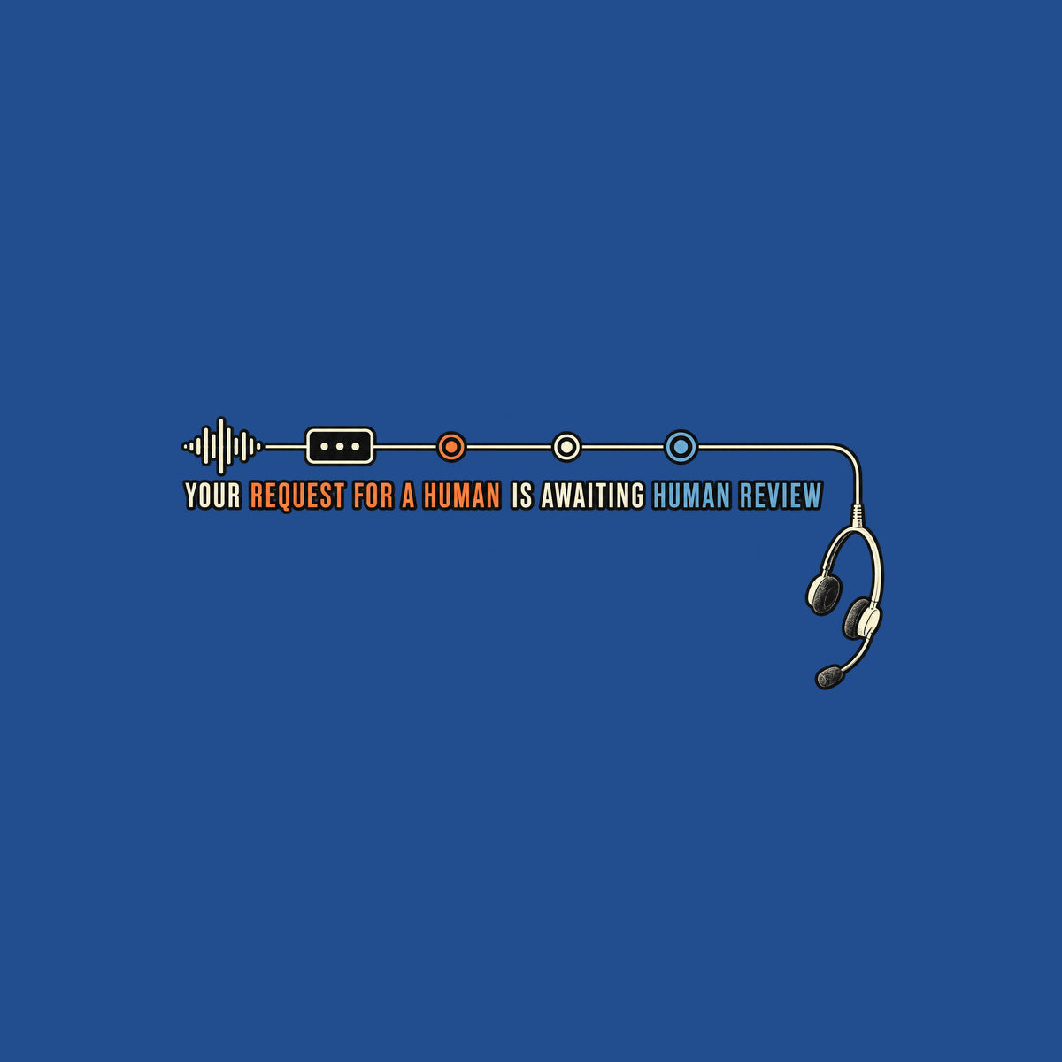 Dark background diagram: a waveform runs through a node and three markers into a cord ending in an empty, dangling headset. Text: YOUR REQUEST FOR A HUMAN IS AWAITING HUMAN REVIEW, with REQUEST FOR A HUMAN in orange and HUMAN REVIEW in blue. Artwork shown on the Royal garment colour.