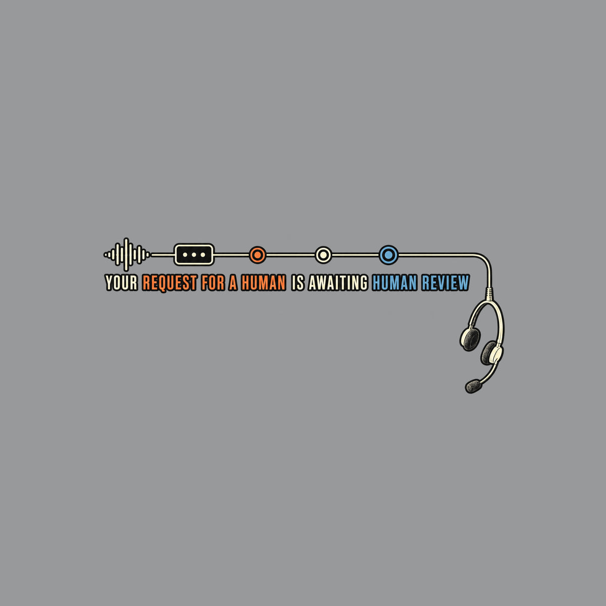 Dark background diagram: a waveform runs through a node and three markers into a cord ending in an empty, dangling headset. Text: YOUR REQUEST FOR A HUMAN IS AWAITING HUMAN REVIEW, with REQUEST FOR A HUMAN in orange and HUMAN REVIEW in blue. Artwork shown on the Sport Grey garment colour.