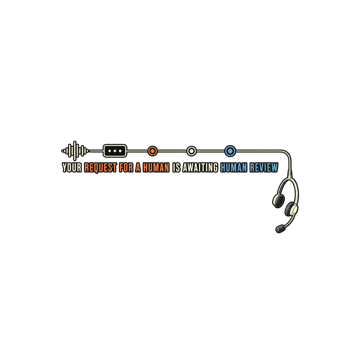Dark background diagram: a waveform runs through a node and three markers into a cord ending in an empty, dangling headset. Text: YOUR REQUEST FOR A HUMAN IS AWAITING HUMAN REVIEW, with REQUEST FOR A HUMAN in orange and HUMAN REVIEW in blue. Artwork shown on the White garment colour.