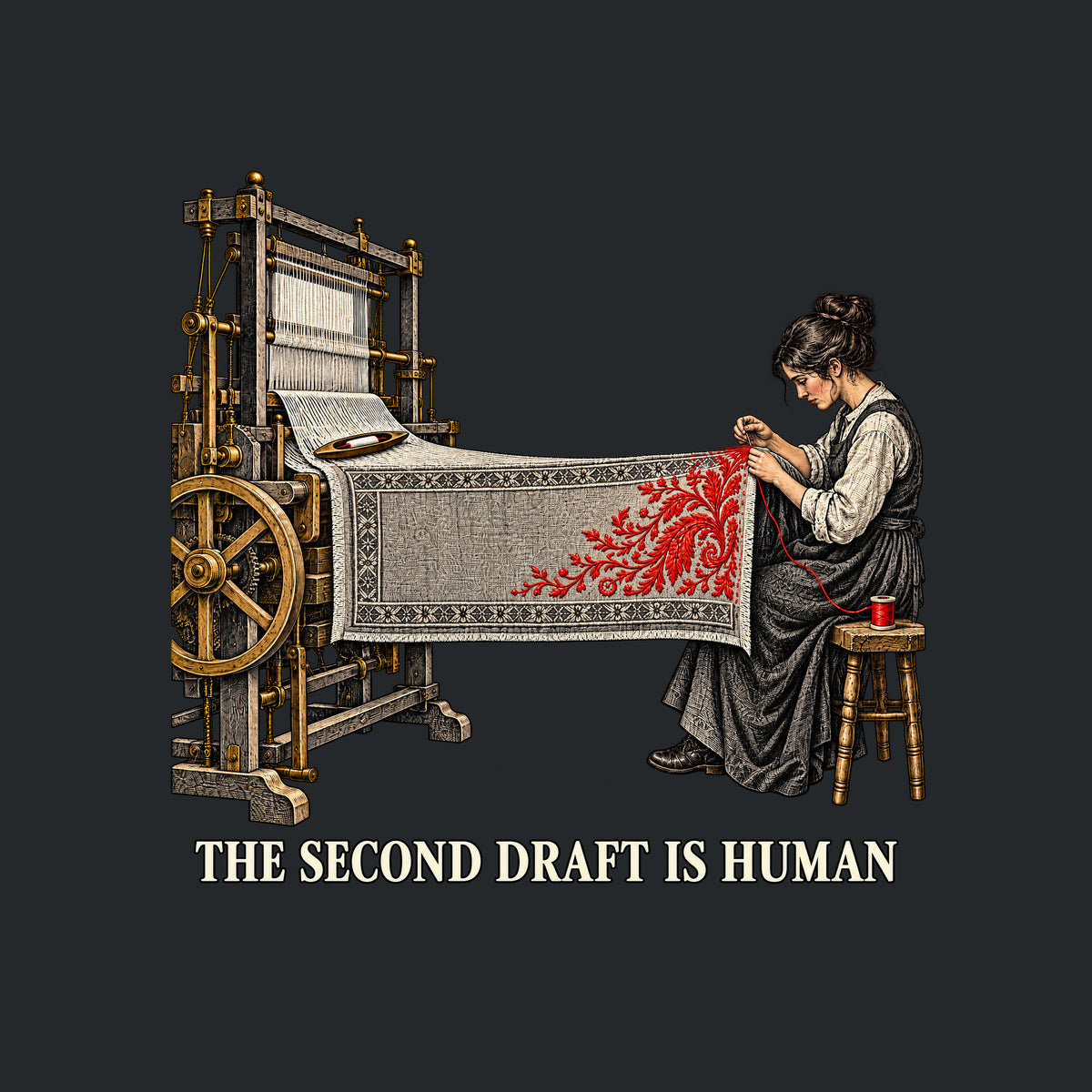 Illustration of a mechanical loom weaving a grey textile with a geometric border, extending to a seated woman hand-stitching a red floral motif with needle and thread from a spool. Text below reads THE SECOND DRAFT IS HUMAN. Artwork shown on the Black garment colour.