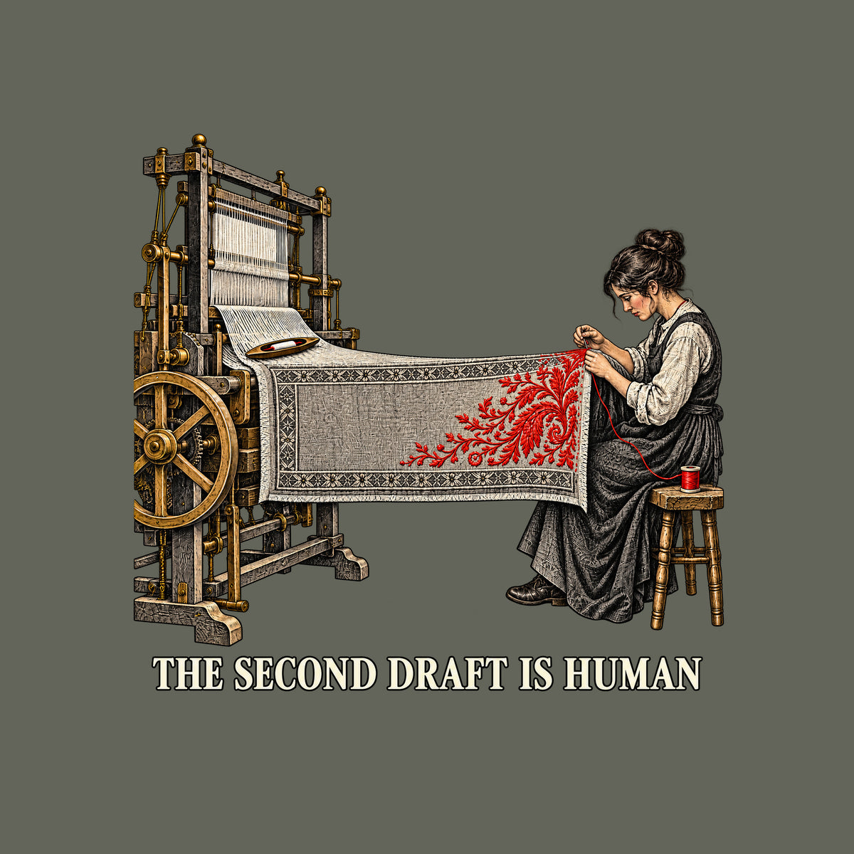 Illustration of a mechanical loom weaving a grey textile with a geometric border, extending to a seated woman hand-stitching a red floral motif with needle and thread from a spool. Text below reads THE SECOND DRAFT IS HUMAN. Artwork shown on the Military Green garment colour.