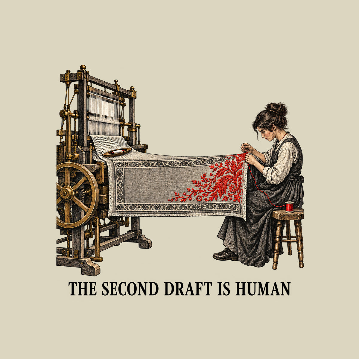 Illustration of a mechanical loom weaving a grey textile with a geometric border, extending to a seated woman hand-stitching a red floral motif with needle and thread from a spool. Text below reads THE SECOND DRAFT IS HUMAN. Artwork shown on the Natural garment colour.