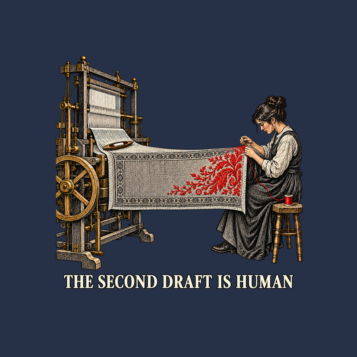 Illustration of a mechanical loom weaving a grey textile with a geometric border, extending to a seated woman hand-stitching a red floral motif with needle and thread from a spool. Text below reads THE SECOND DRAFT IS HUMAN. Artwork shown on the Navy garment colour.