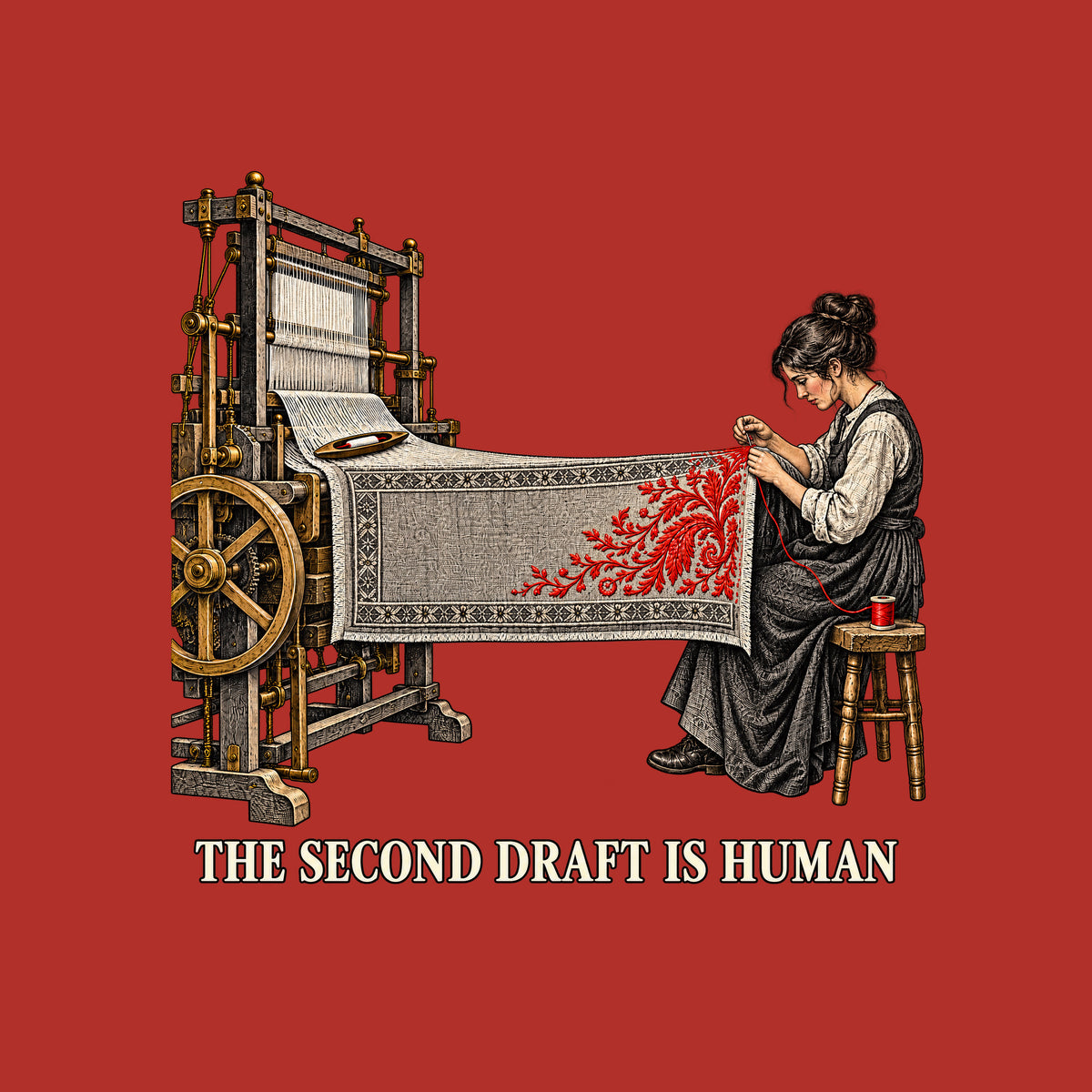 Illustration of a mechanical loom weaving a grey textile with a geometric border, extending to a seated woman hand-stitching a red floral motif with needle and thread from a spool. Text below reads THE SECOND DRAFT IS HUMAN. Artwork shown on the Red garment colour.