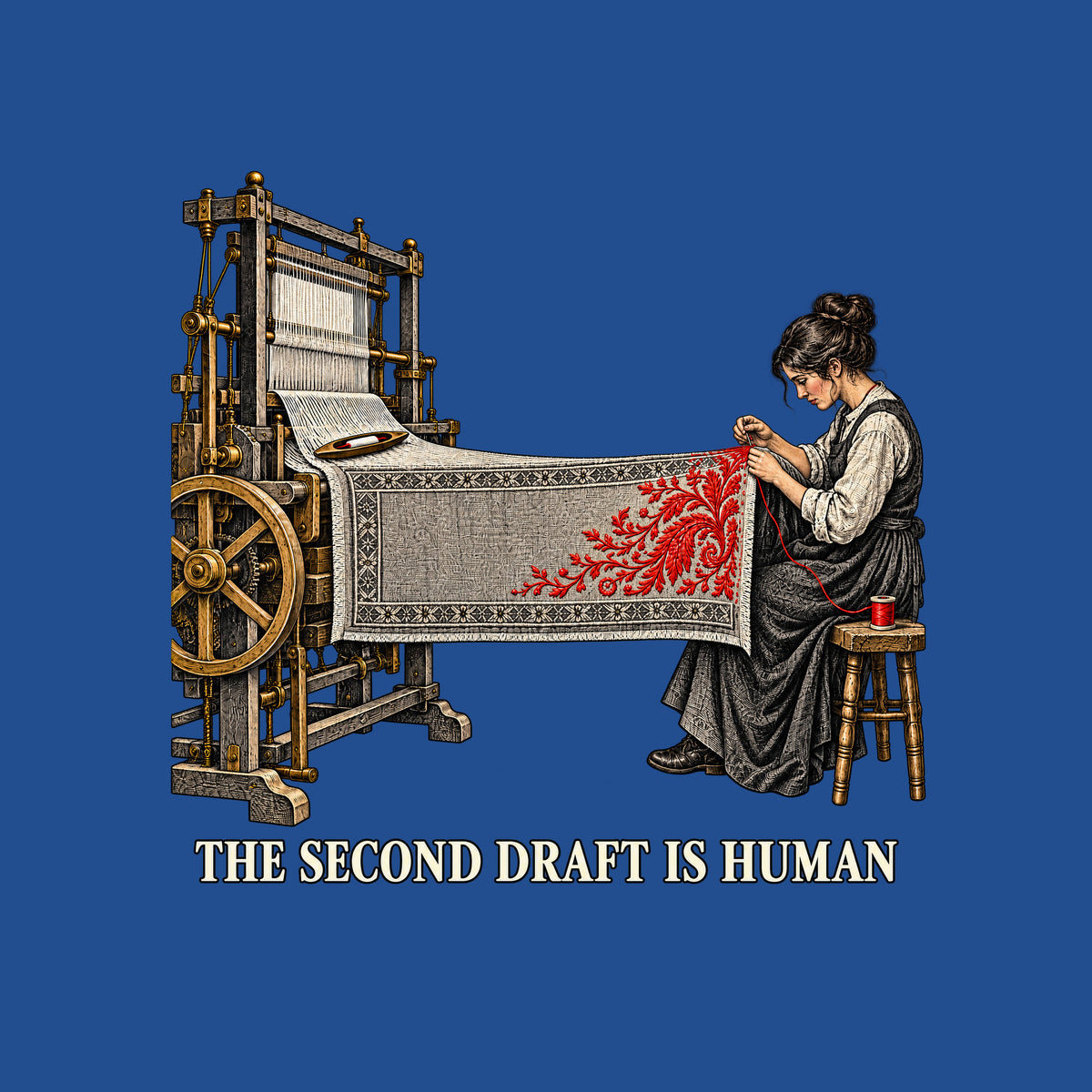 Illustration of a mechanical loom weaving a grey textile with a geometric border, extending to a seated woman hand-stitching a red floral motif with needle and thread from a spool. Text below reads THE SECOND DRAFT IS HUMAN. Artwork shown on the Royal garment colour.