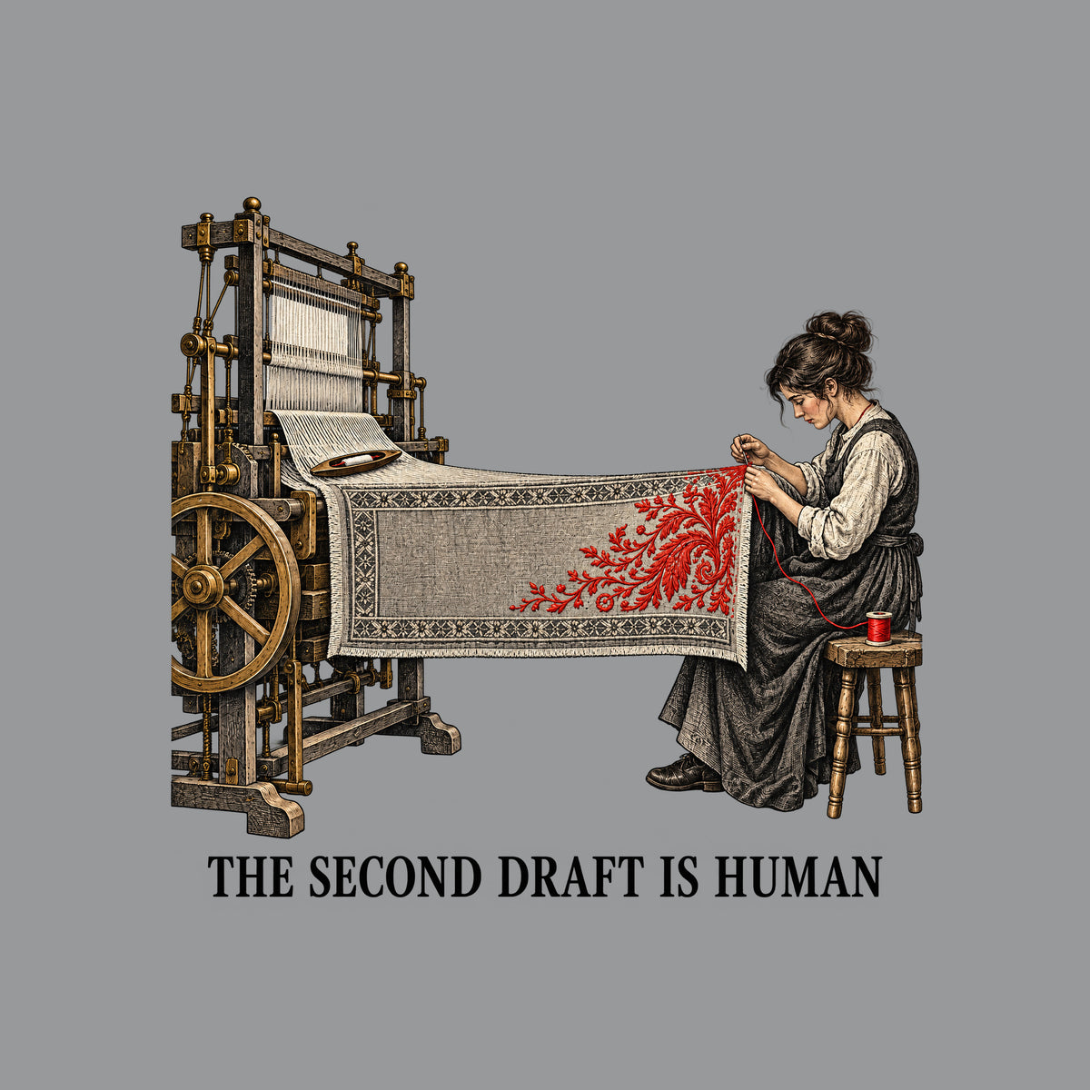 Illustration of a mechanical loom weaving a grey textile with a geometric border, extending to a seated woman hand-stitching a red floral motif with needle and thread from a spool. Text below reads THE SECOND DRAFT IS HUMAN. Artwork shown on the Sport Grey garment colour.