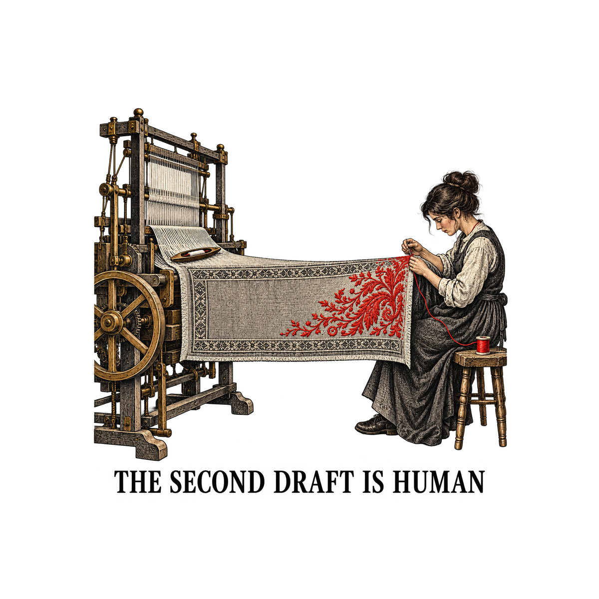 Illustration of a mechanical loom weaving a grey textile with a geometric border, extending to a seated woman hand-stitching a red floral motif with needle and thread from a spool. Text below reads THE SECOND DRAFT IS HUMAN. Artwork shown on the White garment colour.