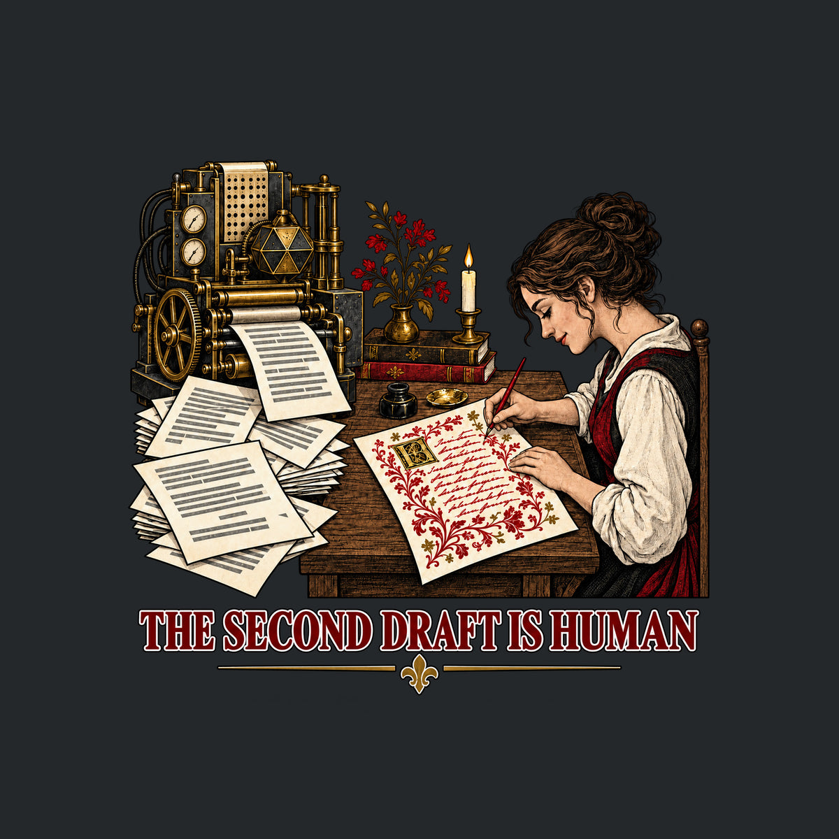 An ornate machine prints plain typed pages while a woman at a desk hand-writes a red-and-gold illuminated manuscript page below the words THE SECOND DRAFT IS HUMAN. Artwork shown on the Black garment colour.