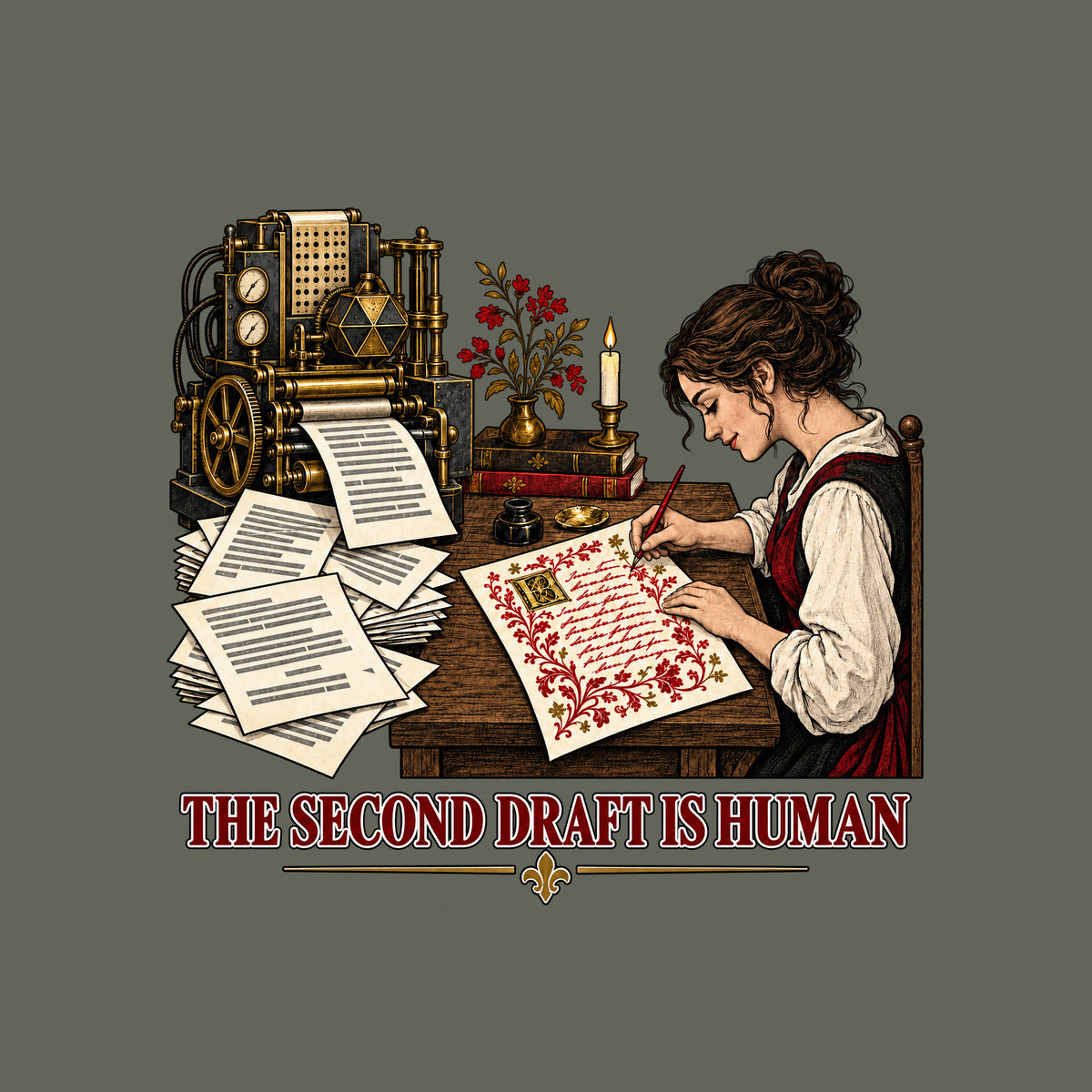 An ornate machine prints plain typed pages while a woman at a desk hand-writes a red-and-gold illuminated manuscript page below the words THE SECOND DRAFT IS HUMAN. Artwork shown on the Military Green garment colour.
