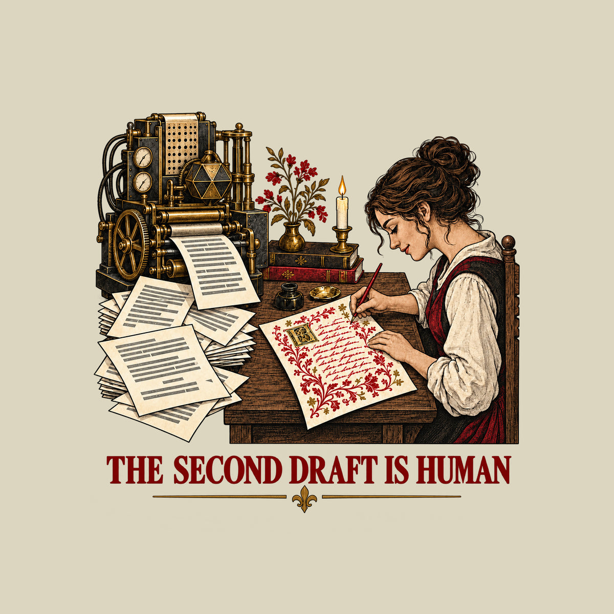 An ornate machine prints plain typed pages while a woman at a desk hand-writes a red-and-gold illuminated manuscript page below the words THE SECOND DRAFT IS HUMAN. Artwork shown on the Natural garment colour.