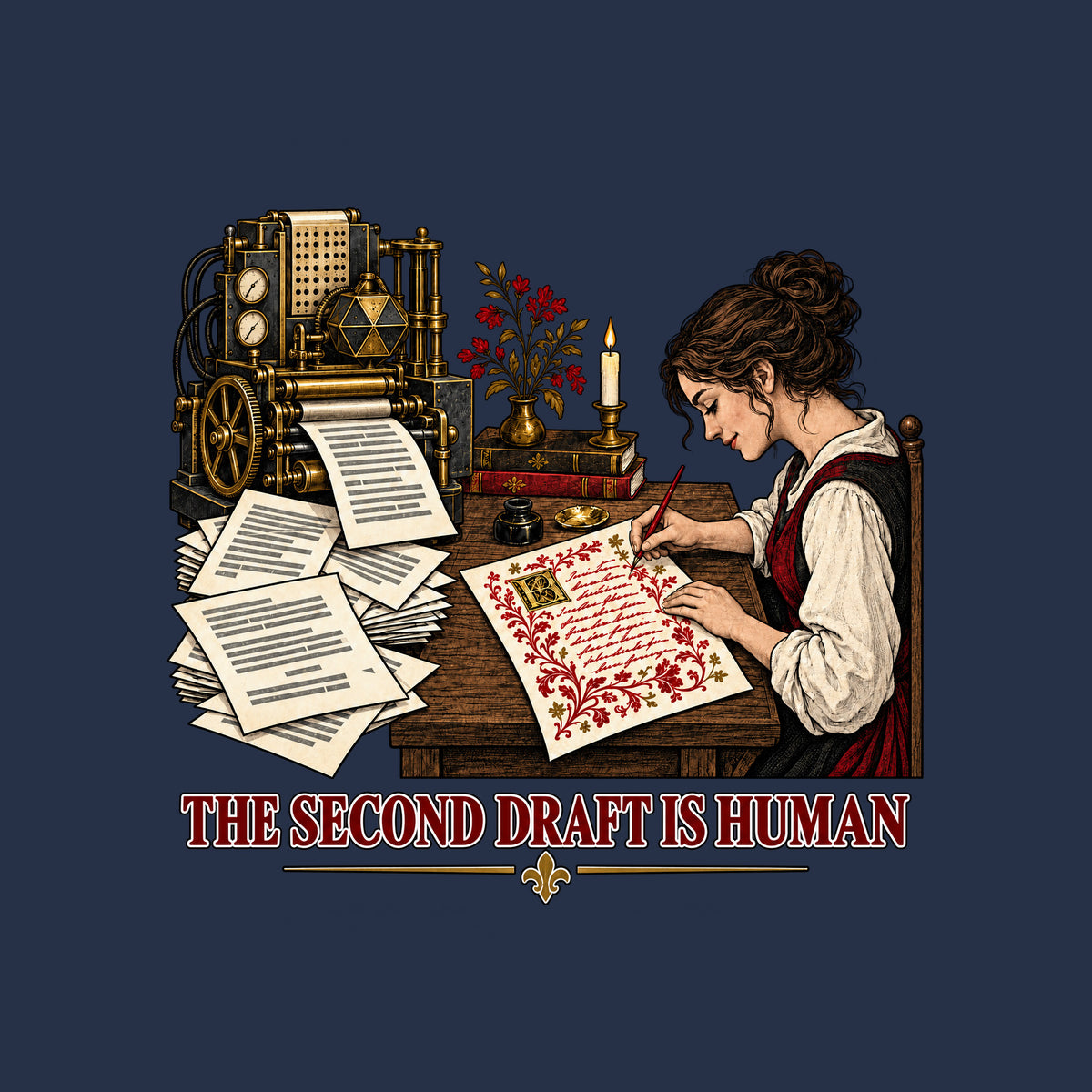 An ornate machine prints plain typed pages while a woman at a desk hand-writes a red-and-gold illuminated manuscript page below the words THE SECOND DRAFT IS HUMAN. Artwork shown on the Navy garment colour.