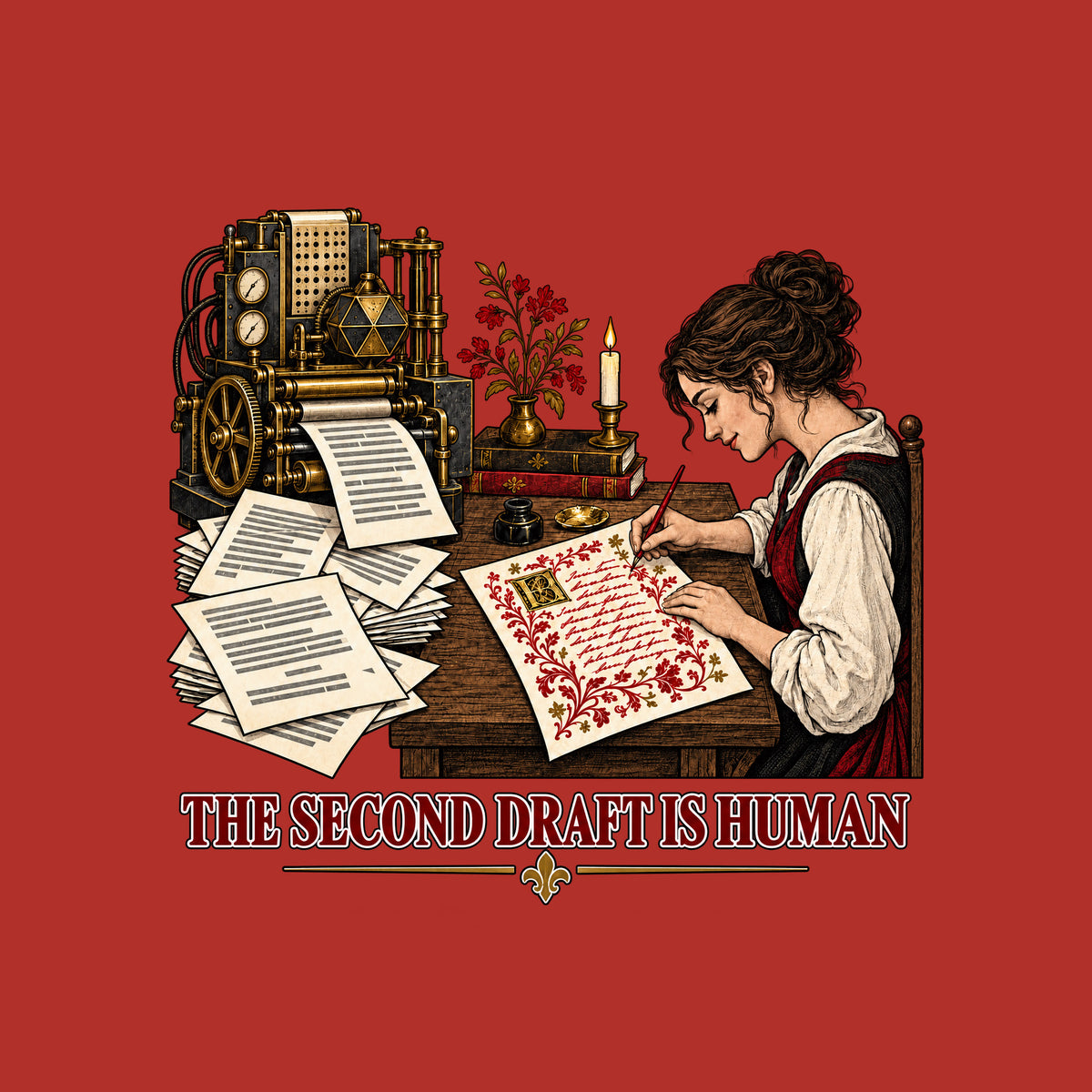 An ornate machine prints plain typed pages while a woman at a desk hand-writes a red-and-gold illuminated manuscript page below the words THE SECOND DRAFT IS HUMAN. Artwork shown on the Red garment colour.