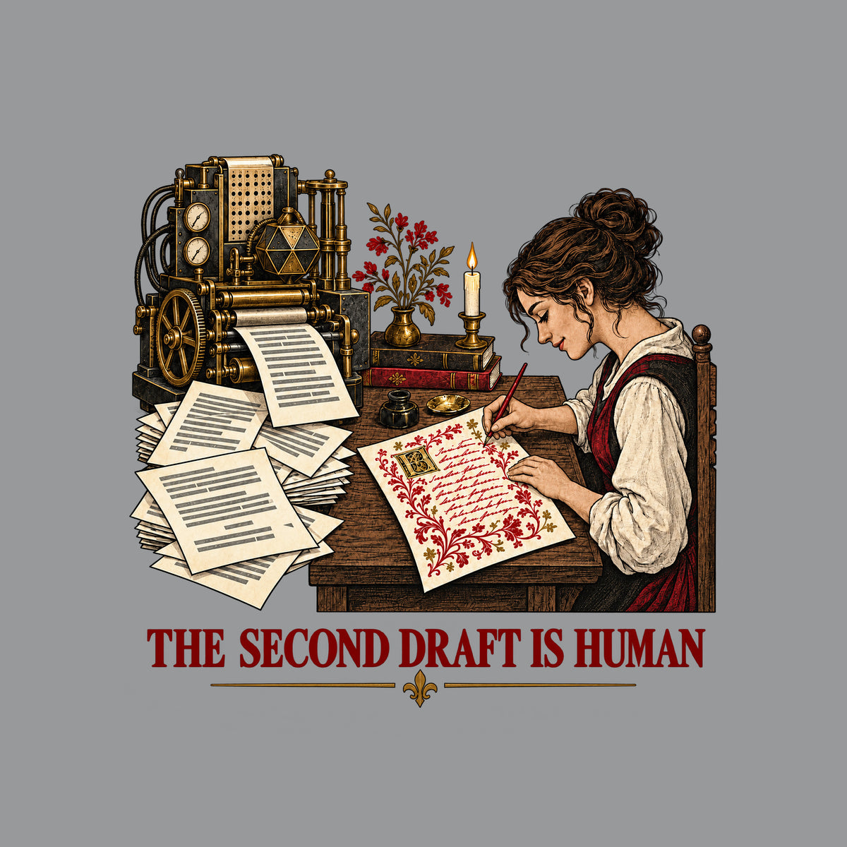 An ornate machine prints plain typed pages while a woman at a desk hand-writes a red-and-gold illuminated manuscript page below the words THE SECOND DRAFT IS HUMAN. Artwork shown on the Sport Grey garment colour.