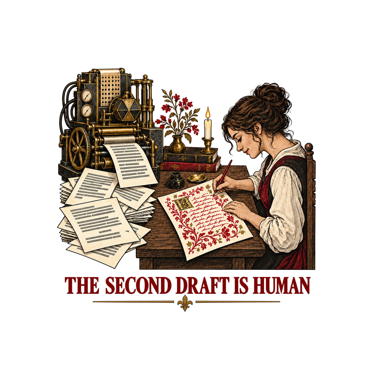 An ornate machine prints plain typed pages while a woman at a desk hand-writes a red-and-gold illuminated manuscript page below the words THE SECOND DRAFT IS HUMAN. Artwork shown on the White garment colour.