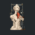 A tall pale faceted sculpted bust and torso has an open gap at the throat and chest. A craftsman in work clothes and an apron fits an irregular deep red block into the gap, framed by idle mechanical rails, calipers and a gantry. No text appears. Artwork shown on the Black garment colour.
