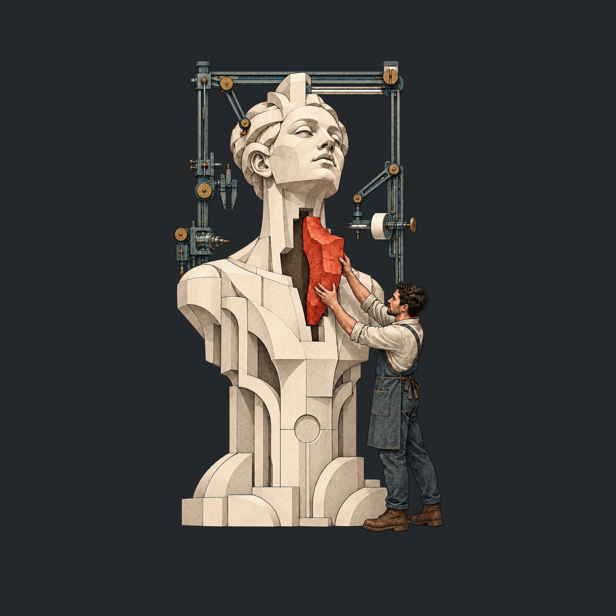 A tall pale faceted sculpted bust and torso has an open gap at the throat and chest. A craftsman in work clothes and an apron fits an irregular deep red block into the gap, framed by idle mechanical rails, calipers and a gantry. No text appears. Artwork shown on the Black garment colour.