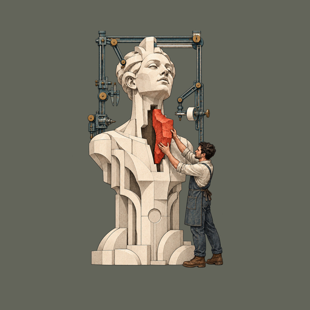A tall pale faceted sculpted bust and torso has an open gap at the throat and chest. A craftsman in work clothes and an apron fits an irregular deep red block into the gap, framed by idle mechanical rails, calipers and a gantry. No text appears. Artwork shown on the Military Green garment colour.