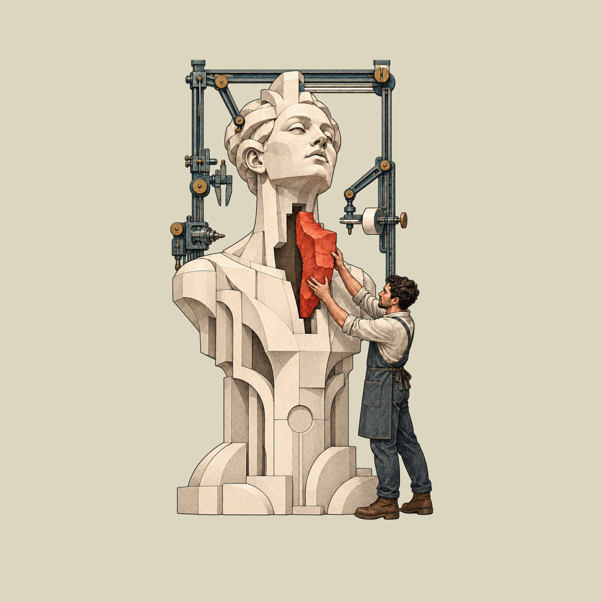 A tall pale faceted sculpted bust and torso has an open gap at the throat and chest. A craftsman in work clothes and an apron fits an irregular deep red block into the gap, framed by idle mechanical rails, calipers and a gantry. No text appears. Artwork shown on the Natural garment colour.