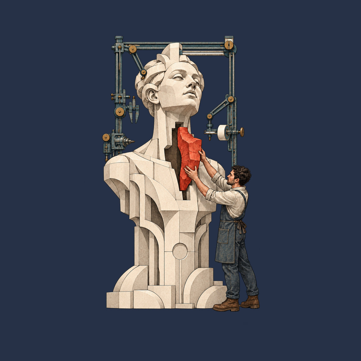 A tall pale faceted sculpted bust and torso has an open gap at the throat and chest. A craftsman in work clothes and an apron fits an irregular deep red block into the gap, framed by idle mechanical rails, calipers and a gantry. No text appears. Artwork shown on the Navy garment colour.