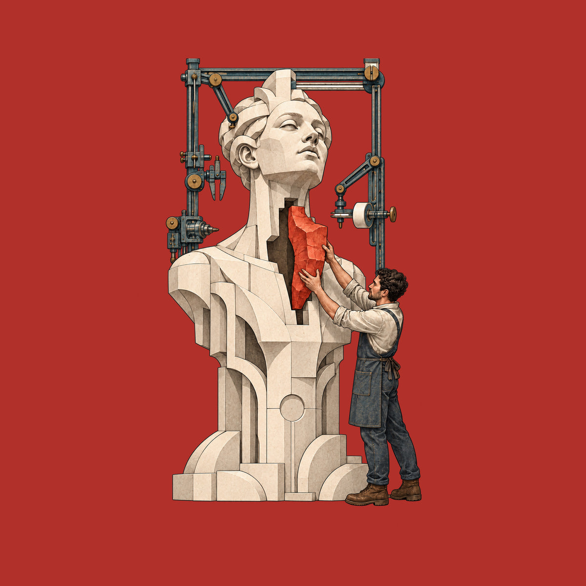 A tall pale faceted sculpted bust and torso has an open gap at the throat and chest. A craftsman in work clothes and an apron fits an irregular deep red block into the gap, framed by idle mechanical rails, calipers and a gantry. No text appears. Artwork shown on the Red garment colour.