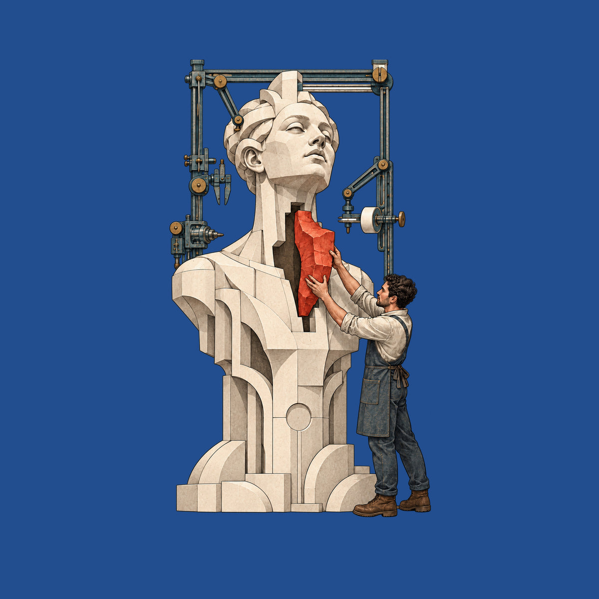A tall pale faceted sculpted bust and torso has an open gap at the throat and chest. A craftsman in work clothes and an apron fits an irregular deep red block into the gap, framed by idle mechanical rails, calipers and a gantry. No text appears. Artwork shown on the Royal garment colour.