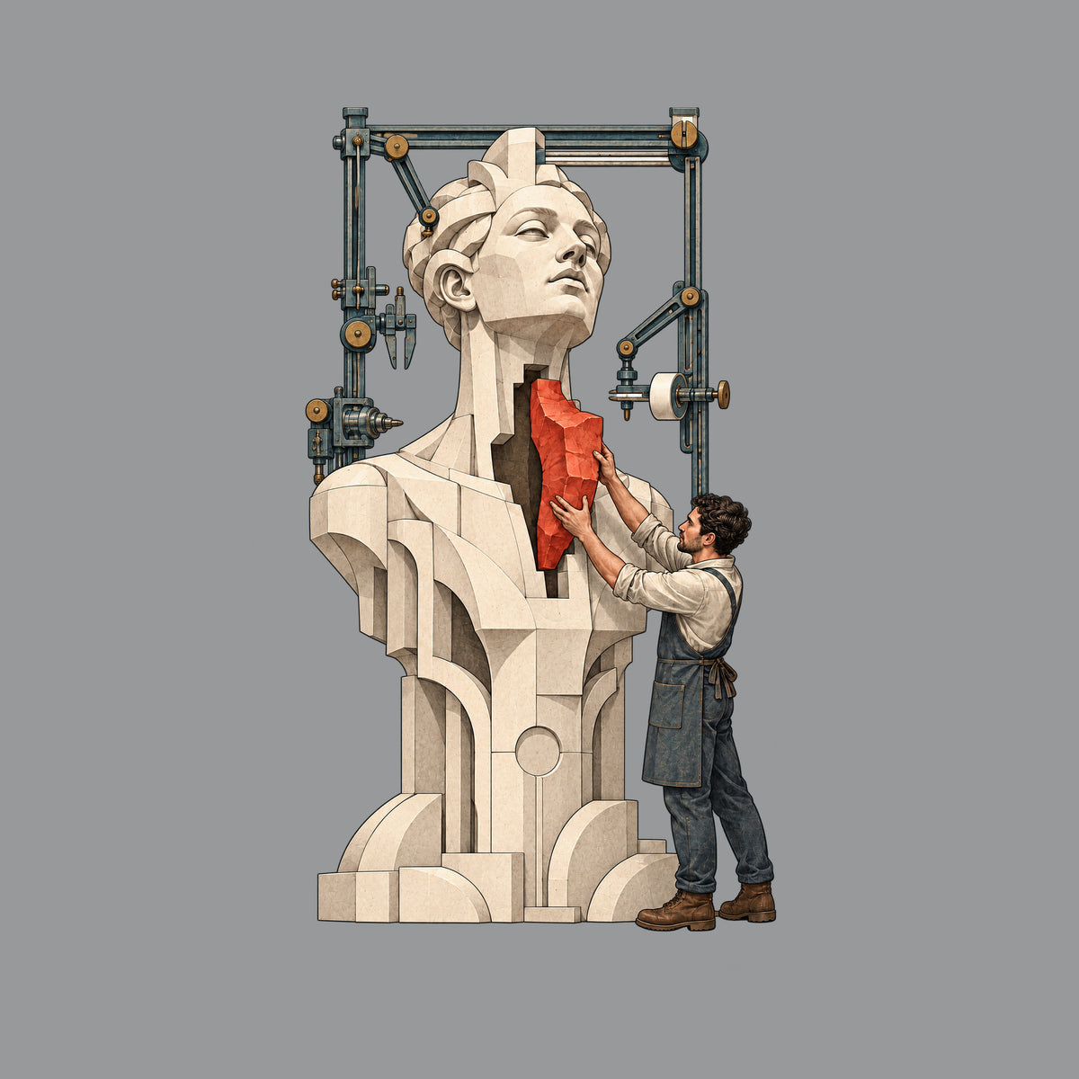 A tall pale faceted sculpted bust and torso has an open gap at the throat and chest. A craftsman in work clothes and an apron fits an irregular deep red block into the gap, framed by idle mechanical rails, calipers and a gantry. No text appears. Artwork shown on the Sport Grey garment colour.