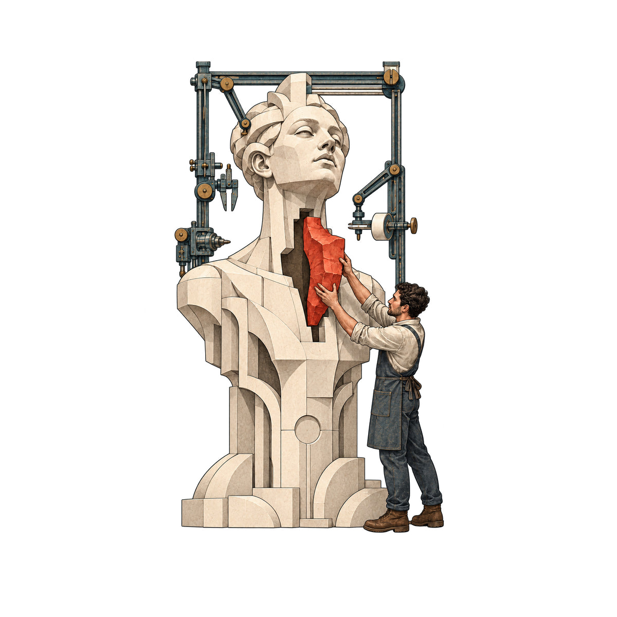 A tall pale faceted sculpted bust and torso has an open gap at the throat and chest. A craftsman in work clothes and an apron fits an irregular deep red block into the gap, framed by idle mechanical rails, calipers and a gantry. No text appears. Artwork shown on the White garment colour.