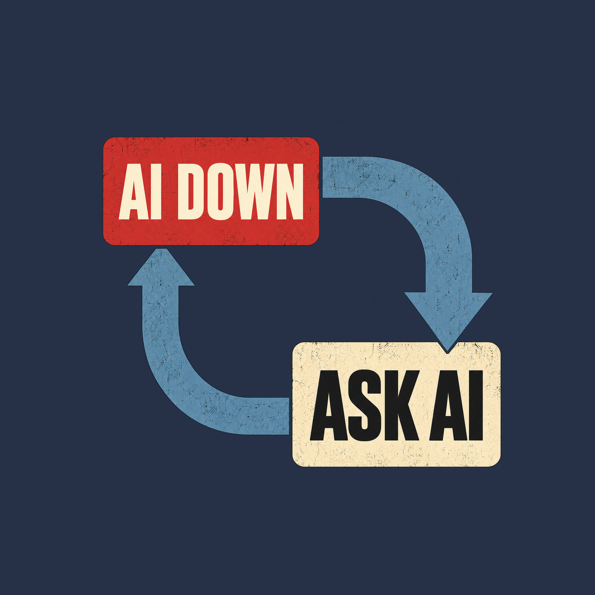 Diagram-style graphic on a dark background: a red rounded rectangle reads AI DOWN, a cream rounded rectangle reads ASK AI, connected by two thick blue arrows forming a closed loop. Artwork shown on the Navy garment colour.