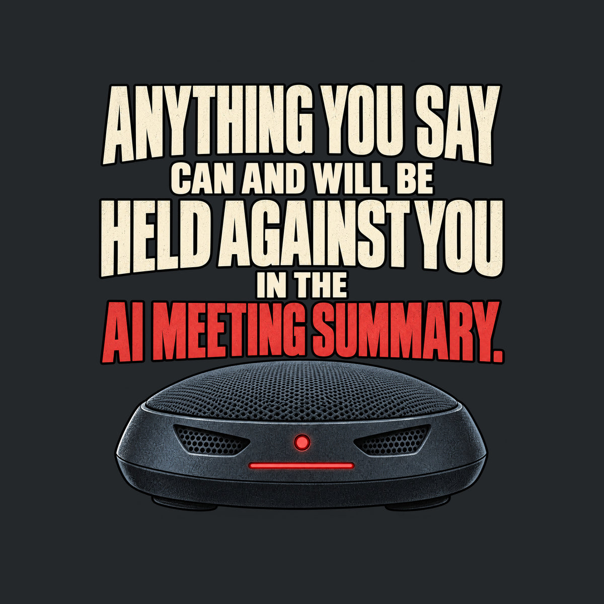 The words "Anything you say can and will be held against you in the AI meeting summary." stacked above a dark, dome-shaped conference speakerphone with two vent-shaped eyes and a glowing red status light and bar. Artwork shown on the Black garment colour.