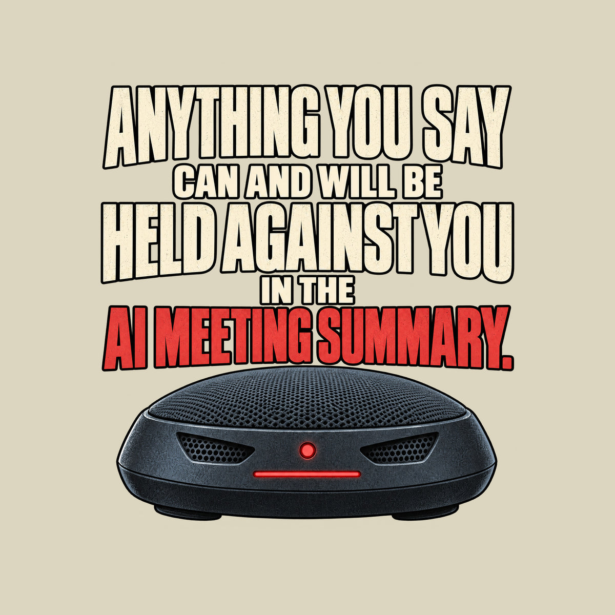 The words "Anything you say can and will be held against you in the AI meeting summary." stacked above a dark, dome-shaped conference speakerphone with two vent-shaped eyes and a glowing red status light and bar. Artwork shown on the Natural garment colour.