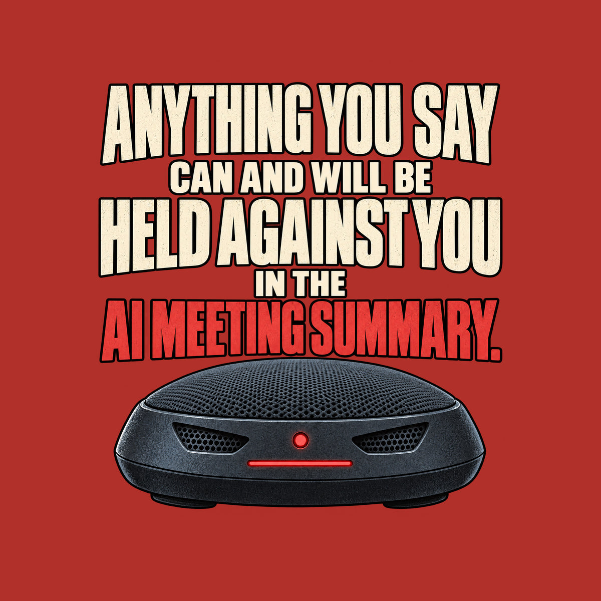 The words "Anything you say can and will be held against you in the AI meeting summary." stacked above a dark, dome-shaped conference speakerphone with two vent-shaped eyes and a glowing red status light and bar. Artwork shown on the Red garment colour.
