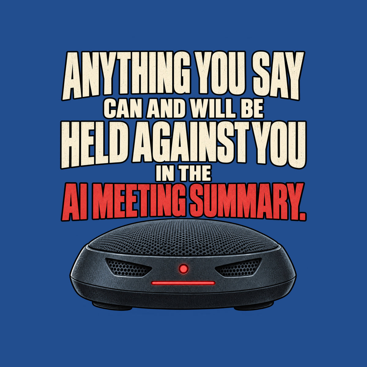 The words "Anything you say can and will be held against you in the AI meeting summary." stacked above a dark, dome-shaped conference speakerphone with two vent-shaped eyes and a glowing red status light and bar. Artwork shown on the Royal garment colour.