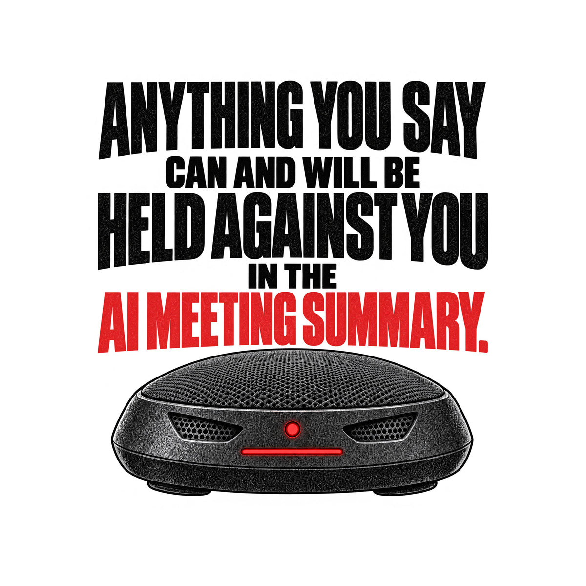 The words "Anything you say can and will be held against you in the AI meeting summary." stacked above a dark, dome-shaped conference speakerphone with two vent-shaped eyes and a glowing red status light and bar. Artwork shown on the White garment colour.